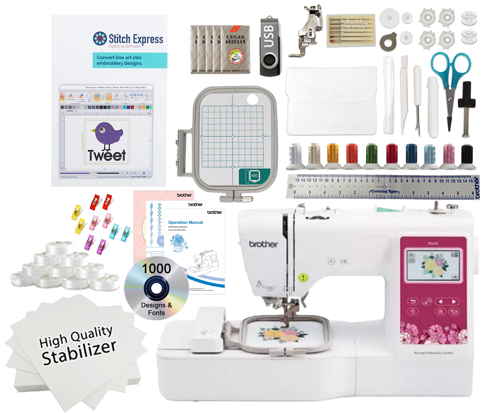 Brother PE545 Embroidery Machine Embroidery Thread and Software Bundle