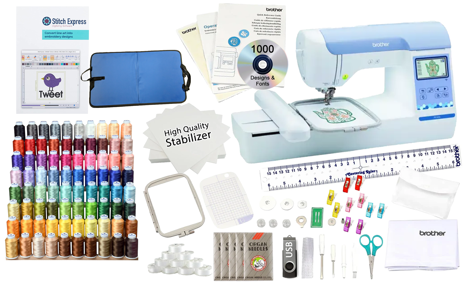 Brother PE900 Embroidery Machine Software and Thread Bundle