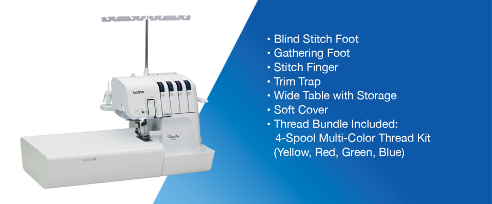 A white overlock/serger sewing machine shown on a split white and blue background with a list of included features and thread bundle details on the right.