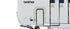 Close-up of a Brother serger machine showing the white machine body, thread path diagram, and needle area on a white background.