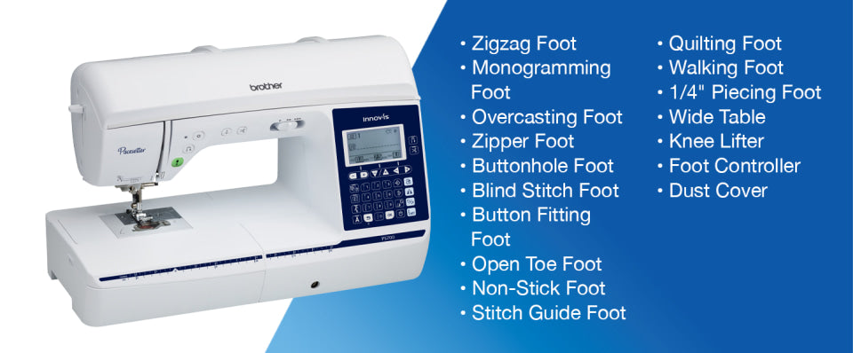 A Brother sewing machine shown on a blue graphic background with a list of features and foot names printed on the right side.