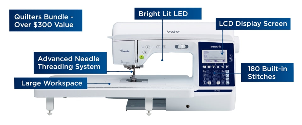 A white Brother sewing machine with a digital LCD display screen and a large workspace, shown with multiple blue text callouts describing features such as quilting bundle value, bright lit LED, LCD display screen, advanced needle threading system, and 180 built-in stitches.