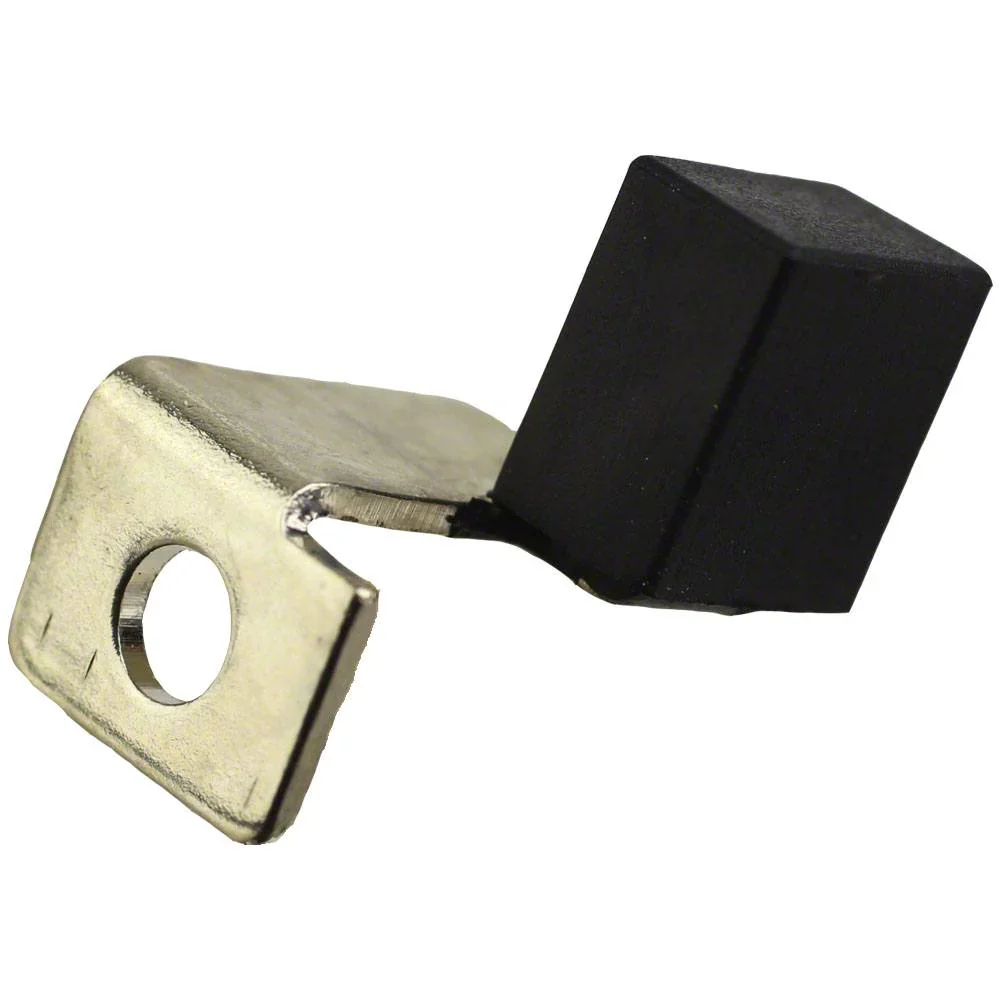 Metallic lever with a black rubber block on a white background