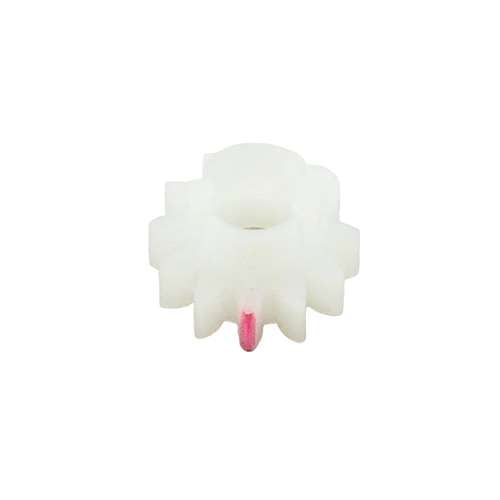 A small white plastic gear or sprocket with a single pink accent tab at the bottom, isolated on a white background.