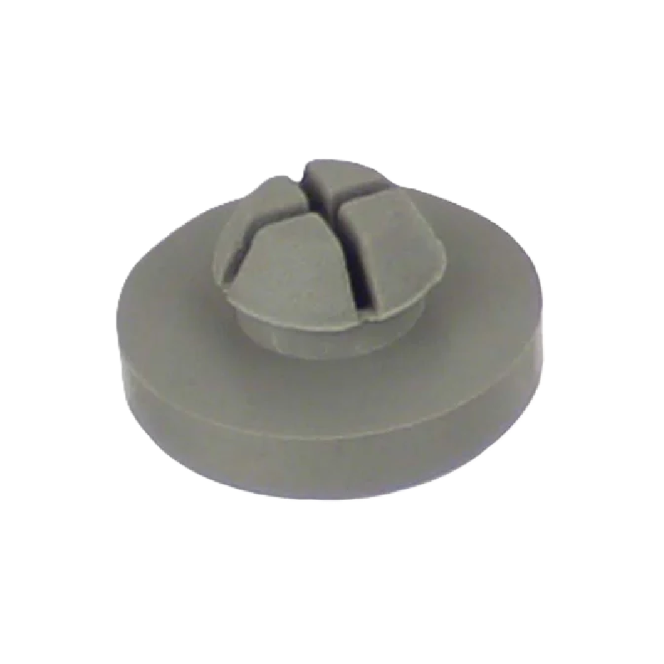 A small round gray rubber component with a raised central tab featuring four evenly spaced slots, isolated on a white background.