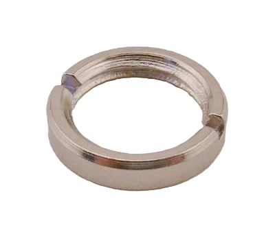 A metallic split lock washer with a threaded inner bore, shown on a plain white background.