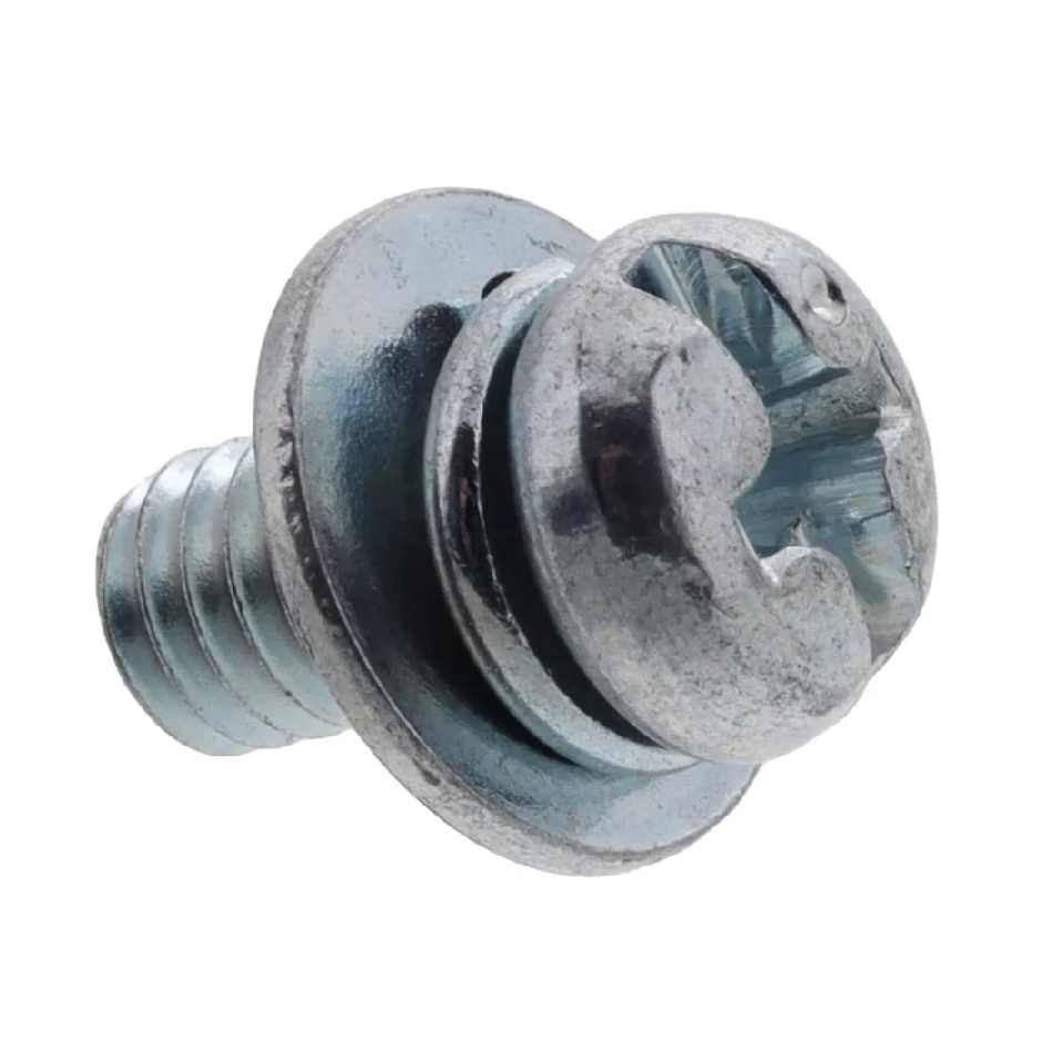 A single metal fastener screw head with a slotted cross recess, shown on a plain white background.