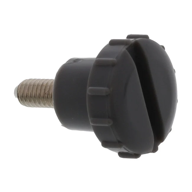 Black plastic knob with threaded shaft on a white background