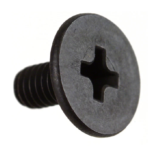 A single black metal flat-head screw with a slotted cross recess, shown on a plain white background.