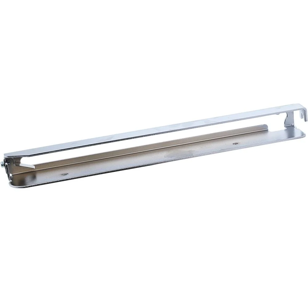A long, narrow metallic shelf or rack with a brushed silver finish, shown at an angle on a plain white background.