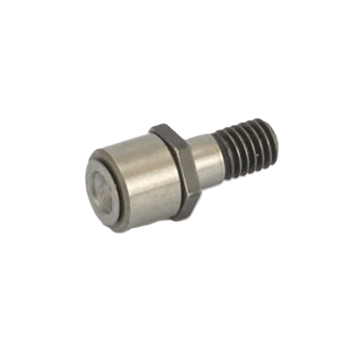 A small metallic threaded component with a hexagonal section and a cylindrical end, photographed on a plain white background.