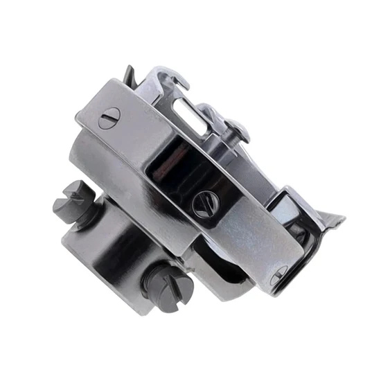 A dark gray metal hardware component with multiple screws and a hinge-like structure, isolated on a white background.