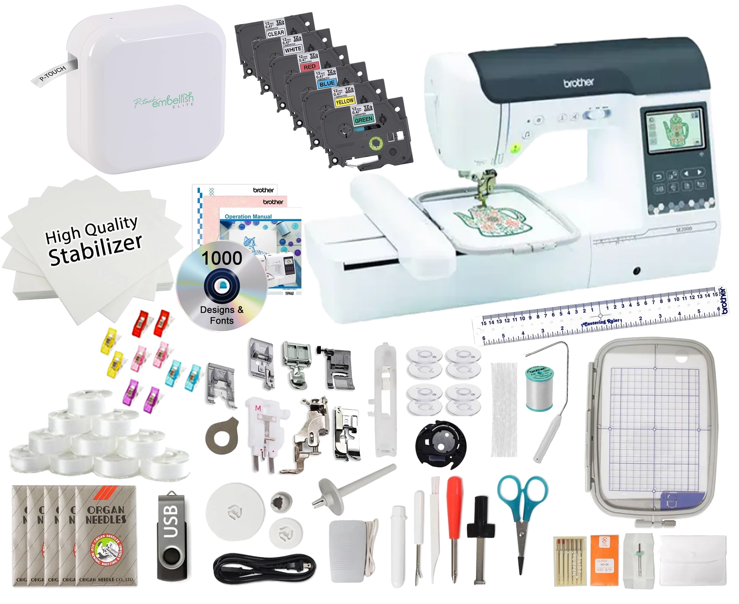 Brother SE2000 Sewing and Embroidery Machine Ribbon Printer Bundle