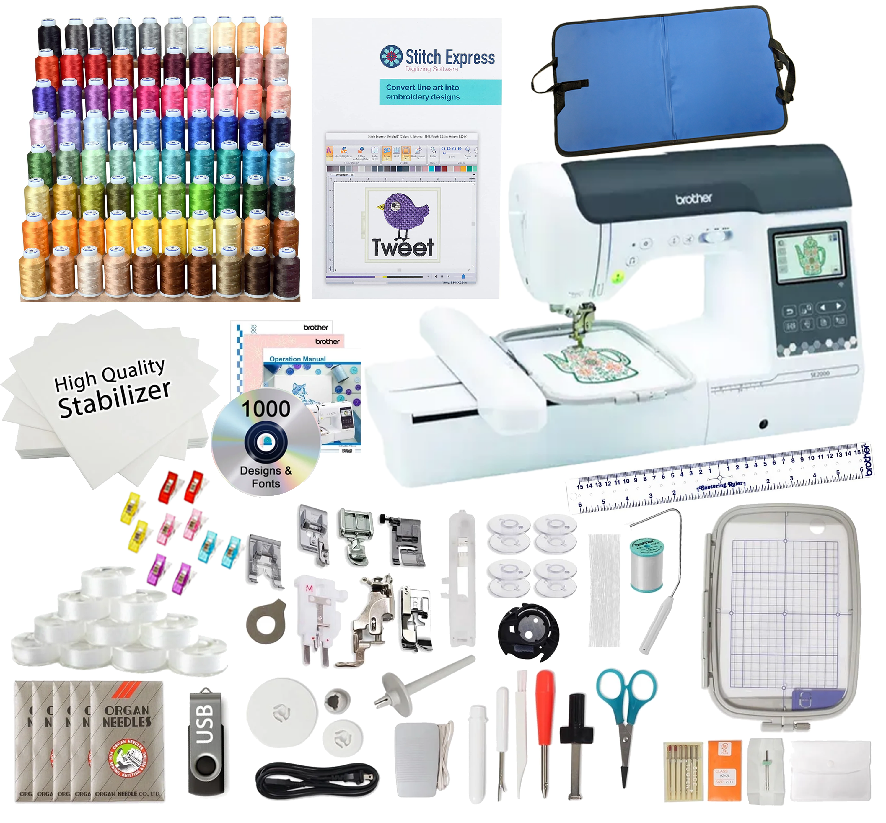 Brother SE2000 Sewing and Embroidery Machine Software and Embroidery Thread Bundle