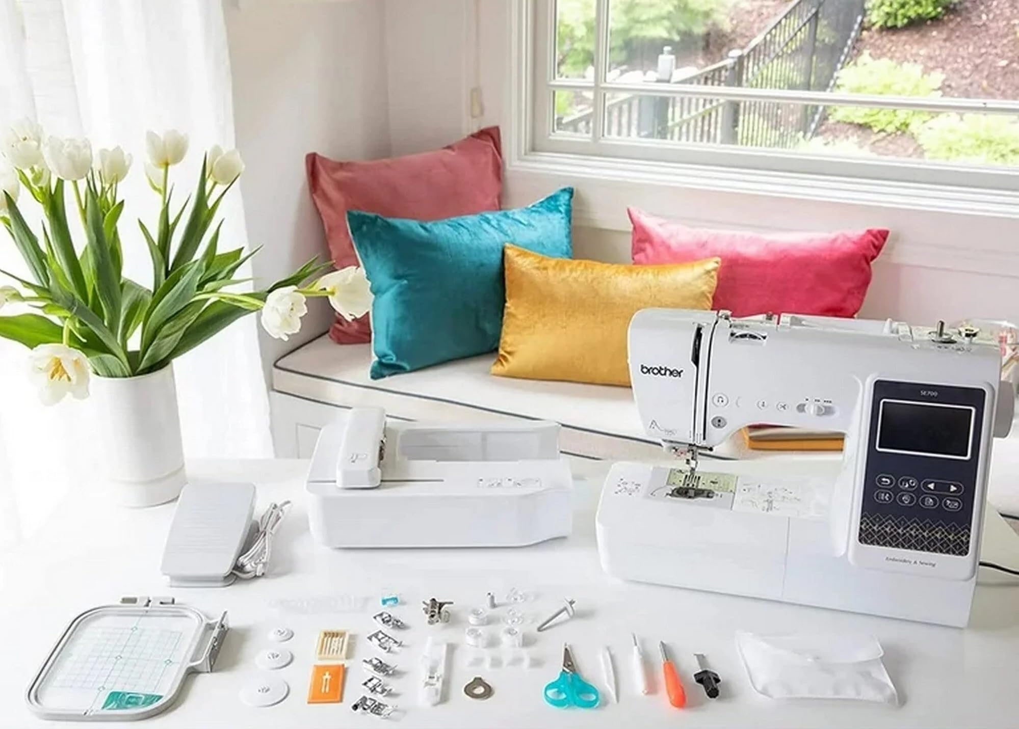 Brother SE700 Sewing and Embroidery Machine Displayed with Accessories