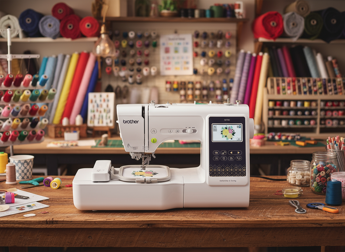 Brother SE700 Sewing and Embroidery Machine in a Professional Sewing Studio with Assorted Thread and Fabrics