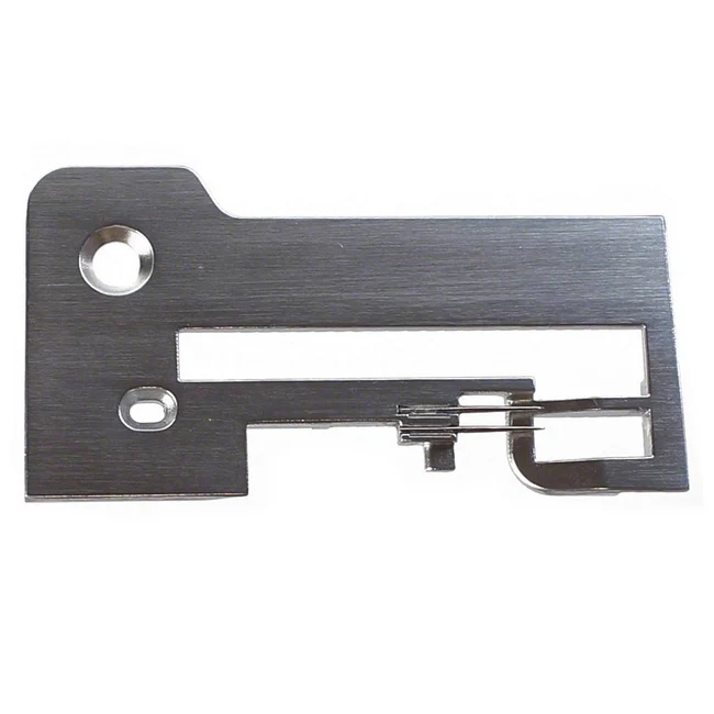 A brushed metal replacement sewing machine needle plate cover, featuring two mounting holes and a small metal lever, shown on a plain white background.