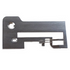 A brushed metal replacement sewing machine needle plate cover, featuring two mounting holes and a small metal lever, shown on a plain white background.