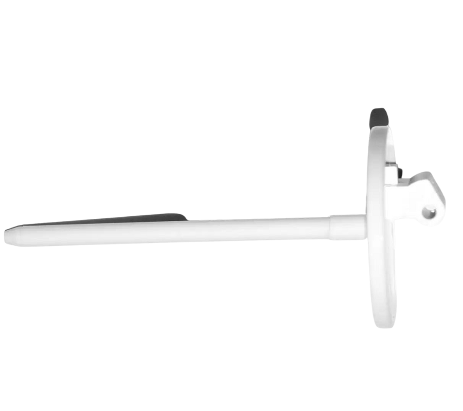 A white plastic spool hook with a black seal and a small silver bracket, shown against a solid white background.