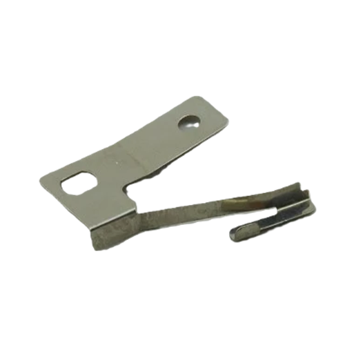 A small metal hardware component with a flat rectangular tab, one rounded hole, one elongated slot cutout, and a bent narrow metal arm with a small rounded tip, shown on a plain white background.
