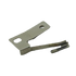 A small metal hardware component with a flat rectangular tab, one rounded hole, one elongated slot cutout, and a bent narrow metal arm with a small rounded tip, shown on a plain white background.
