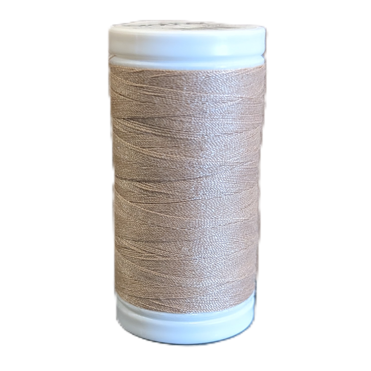 A spool of light tan or beige sewing thread wound on a white plastic core, isolated on a white background.