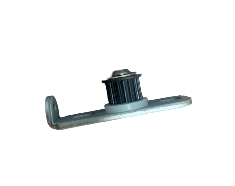 A small metal mechanical component with a flat bracket, a circular gray ring, and a dark ribbed cylindrical section on a plain white background.