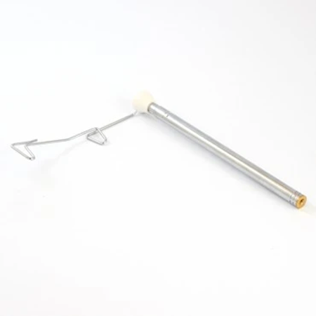 A metal stirring rod with a long silver shaft, a small white plastic or rubber end, and a bent wire hook on the opposite side, photographed on a plain white background.