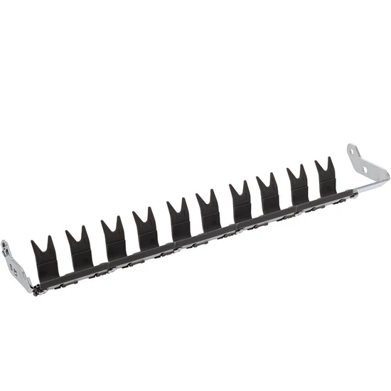A black metal rack with multiple vertical hooks or clips mounted on a long horizontal bar, shown on a plain white background.