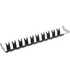 A black metal rack with multiple vertical hooks or clips mounted on a long horizontal bar, shown on a plain white background.