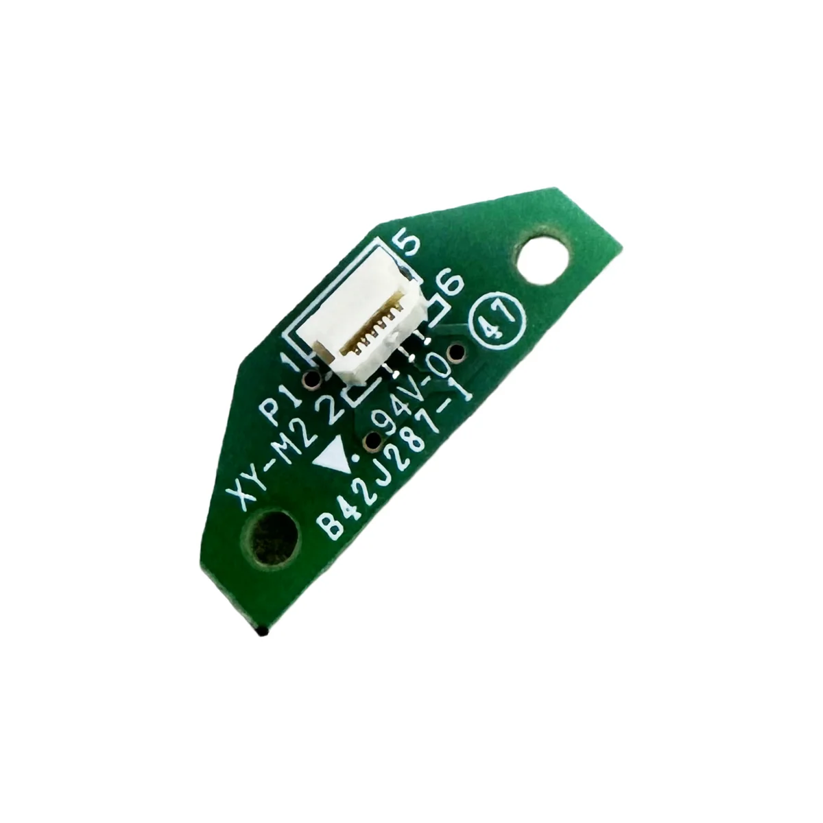 A small green printed circuit board component with a white connector and white printed markings, shown on a plain white background.