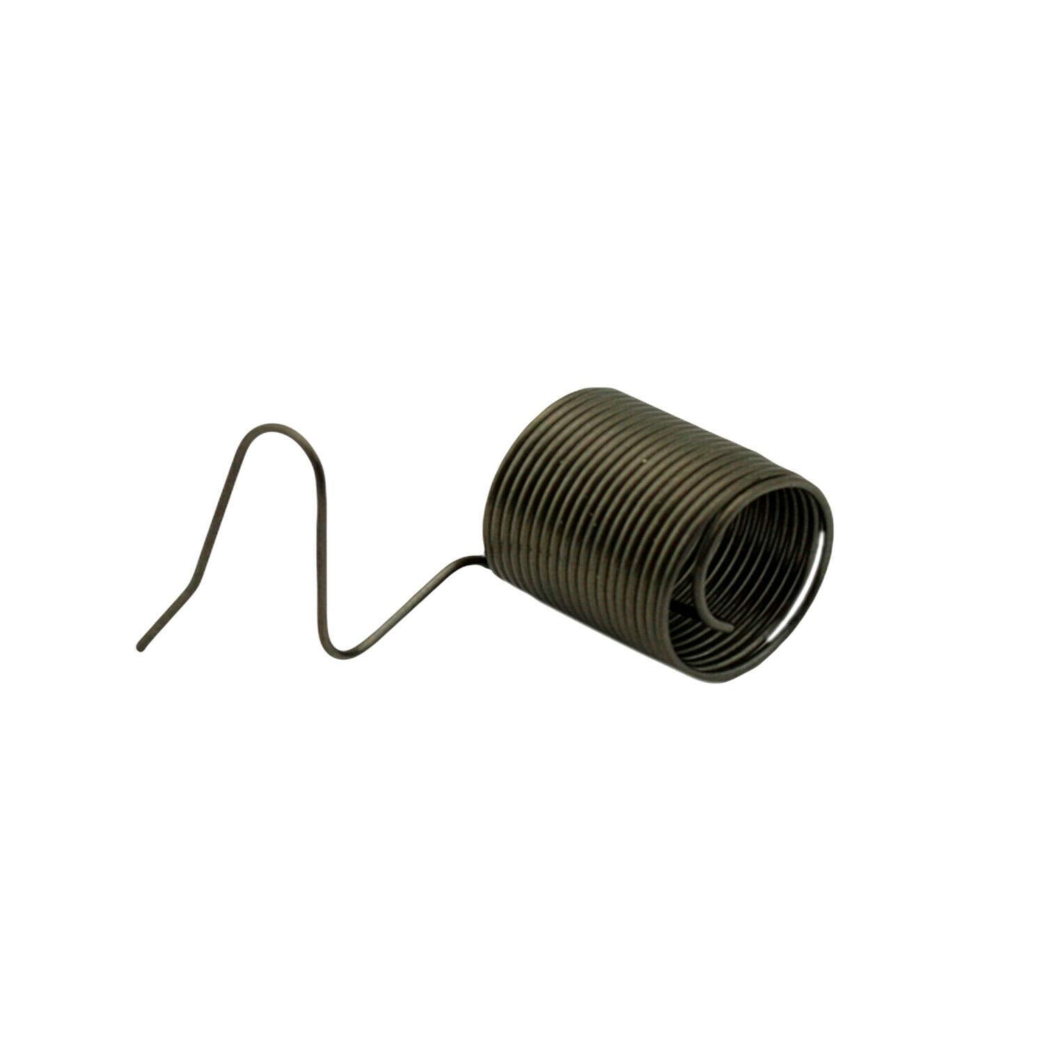 A dark metallic coiled spring with a bent wire tail, isolated on a solid white background.