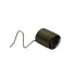 A dark metallic coiled spring with a bent wire tail, isolated on a solid white background.