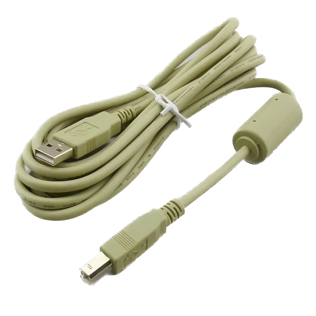 A coiled beige USB cable with a white tie-wrap, shown on a plain white background.