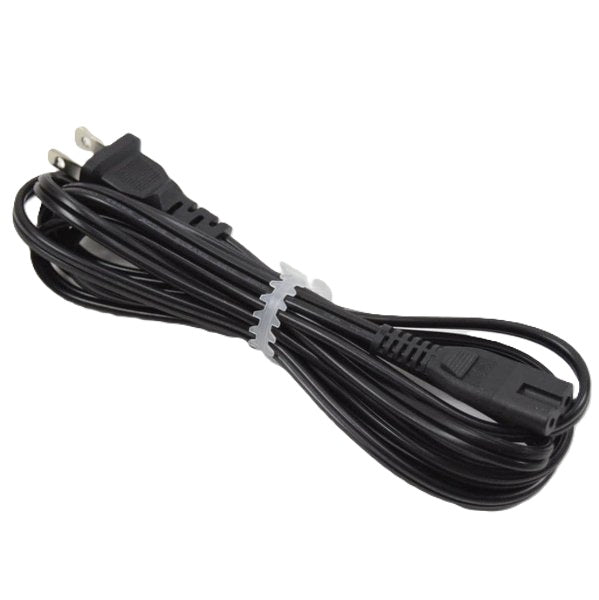 A coiled black power adapter cable with a two-prong US plug and a connector end, secured with a white zip tie on a plain white background.