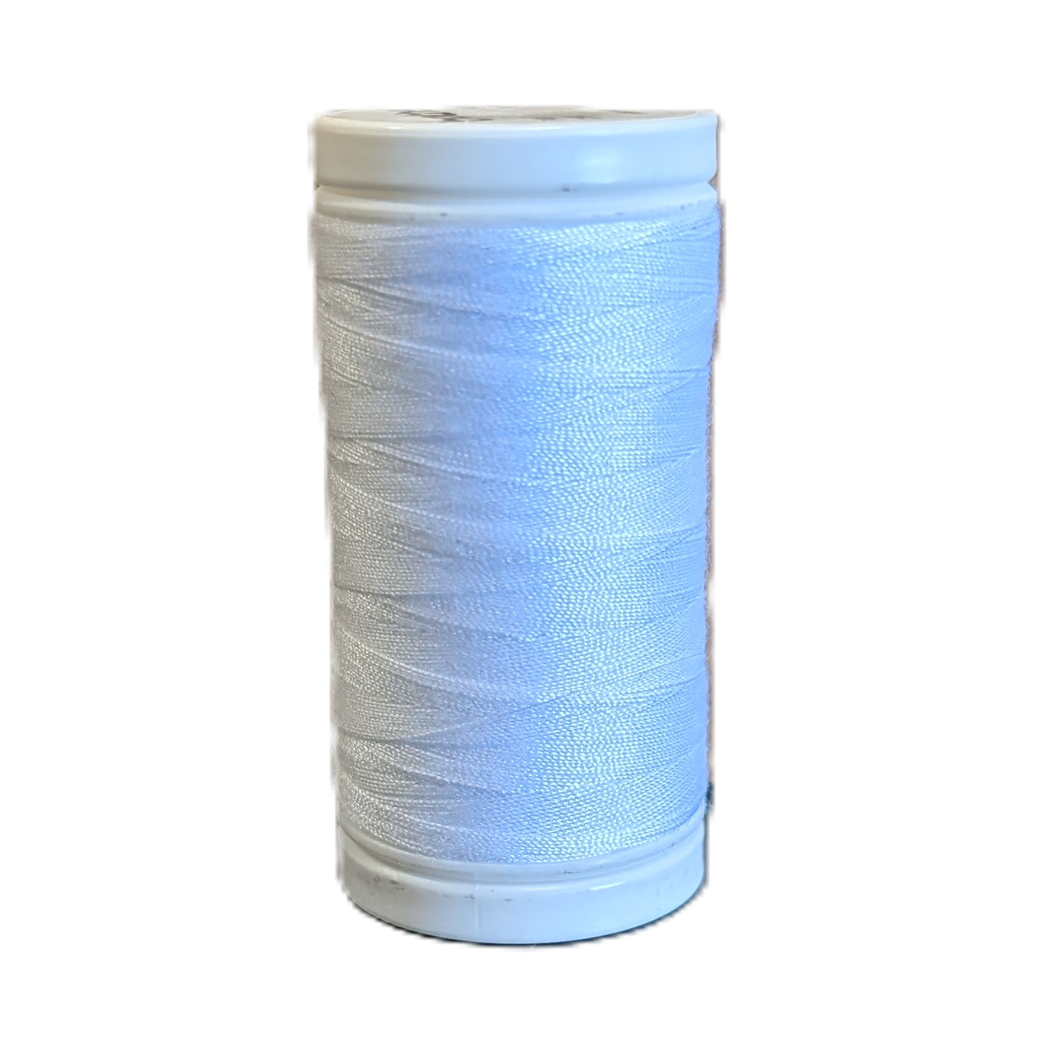 A spool of white sewing thread wound on a white plastic core, isolated on a white background.