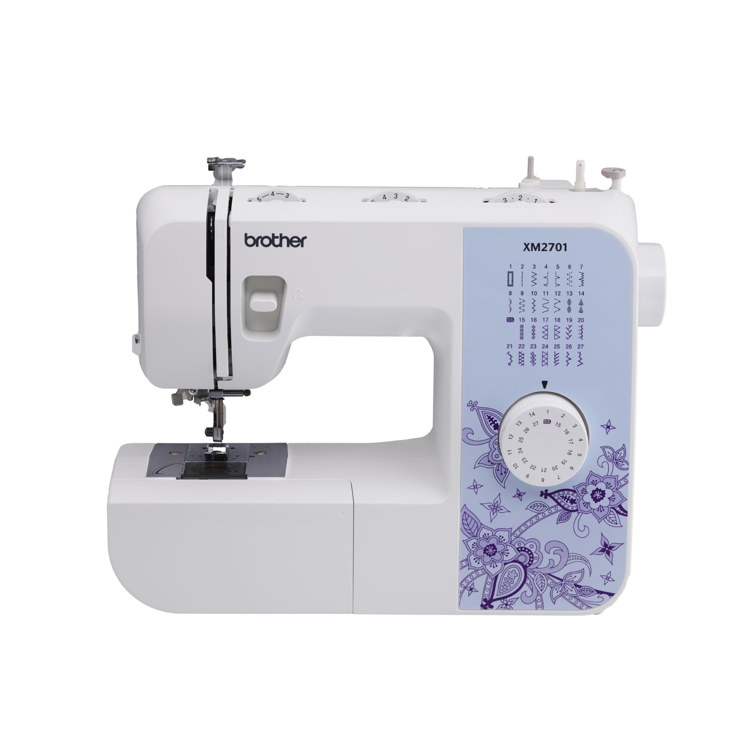 Brother sewing machine with purple design on a white background