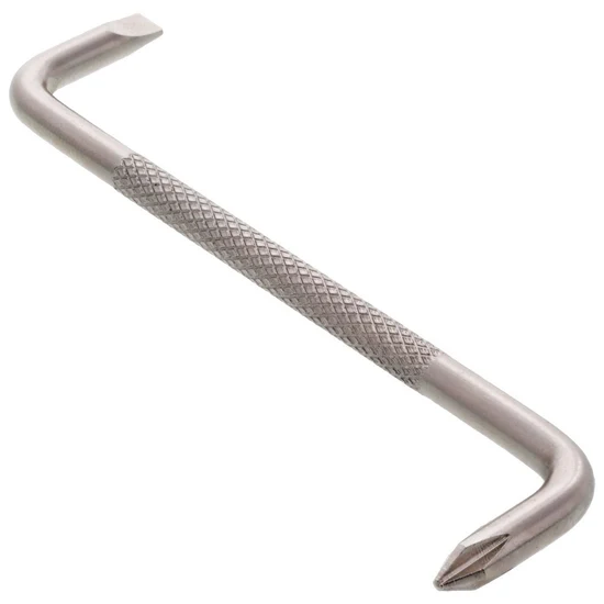 A silver metal flathead screwdriver with a textured, knurled grip handle, shown diagonally on a plain white background.