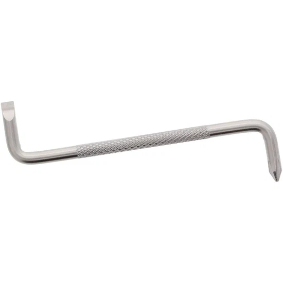 Metal pry bar with textured handle on a white background