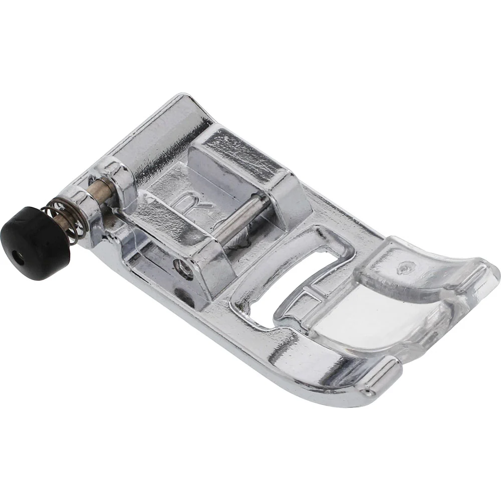 A silver metallic sewing machine press foot with a black plastic locking knob, shown on a plain white background.