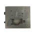 A square gray metal needle plate with various engraved markings, grid patterns, and a central transparent bobbin area, isolated on a white background.