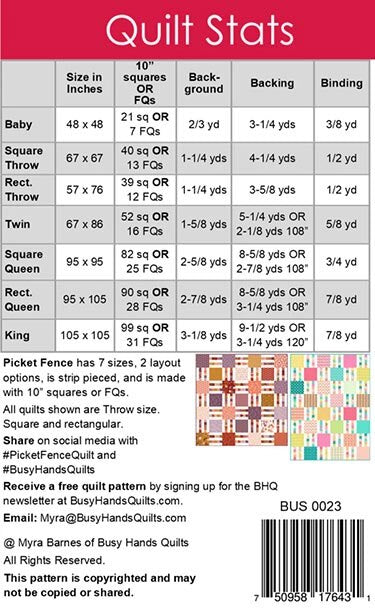 Busy Hand Quilts Picket Fence Quilt Pattern P224-PICKETFENCE