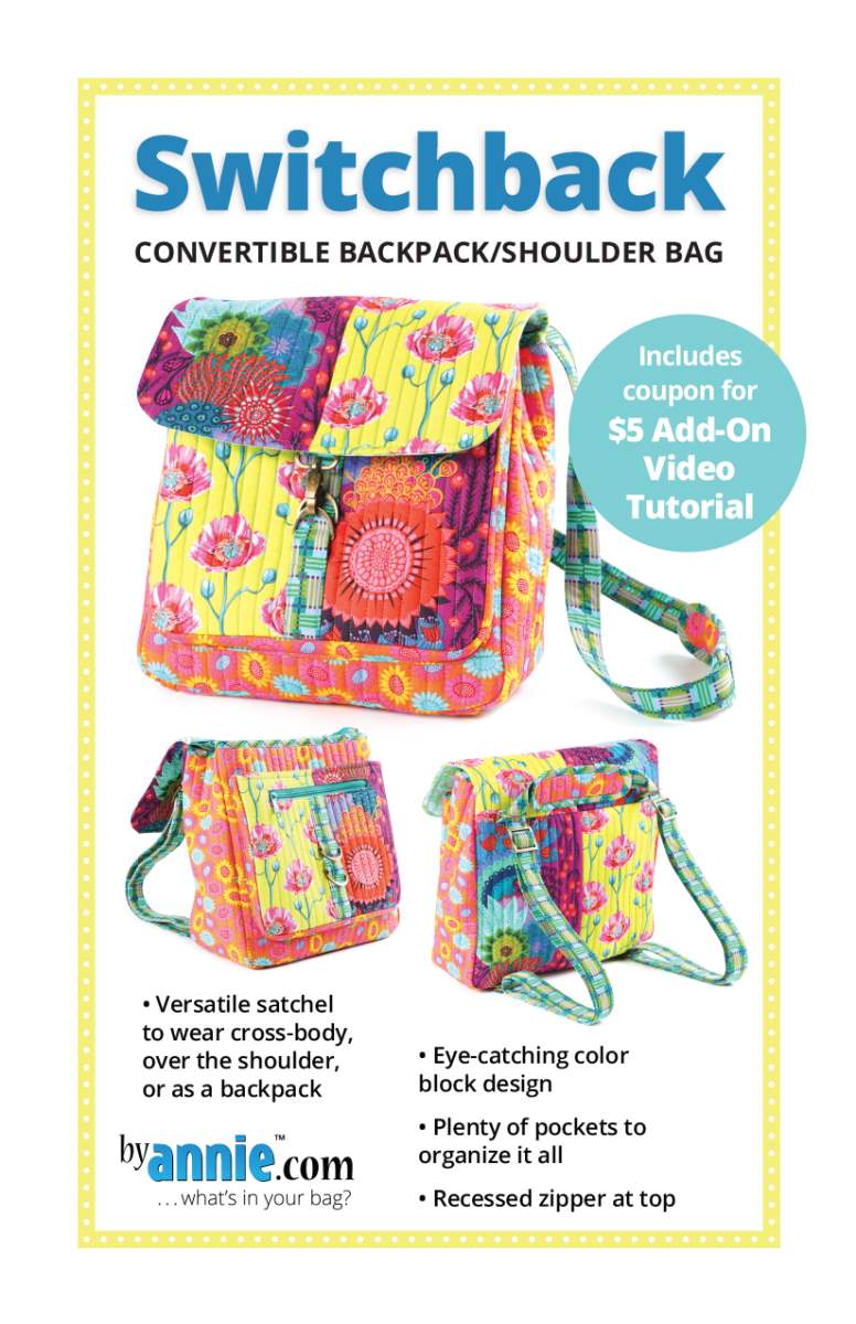 Colorful switchback convertible backpack/shoulder bag with features listed on a white background.