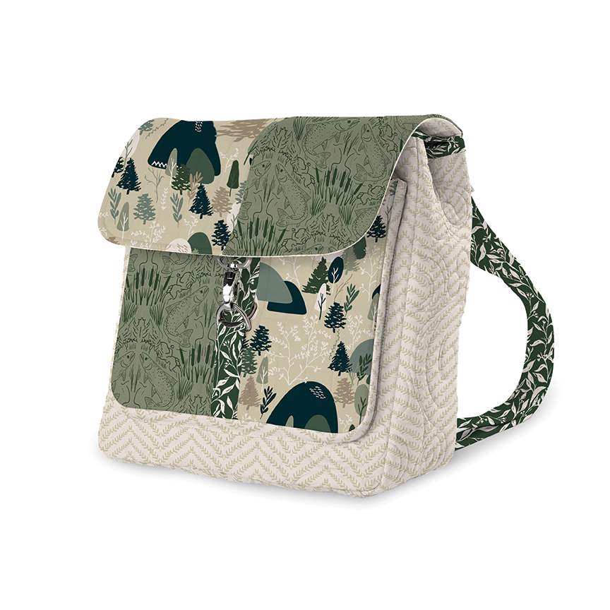 A small fabric bag with a woodland forest pattern on the front flap and a textured chevron pattern on the sides, featuring a matching patterned shoulder strap, shown on a white background.