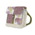 A quilted fabric crossbody bag featuring a floral patchwork design in dusty purple, olive green, and cream, with a zippered front pocket and a single shoulder strap.