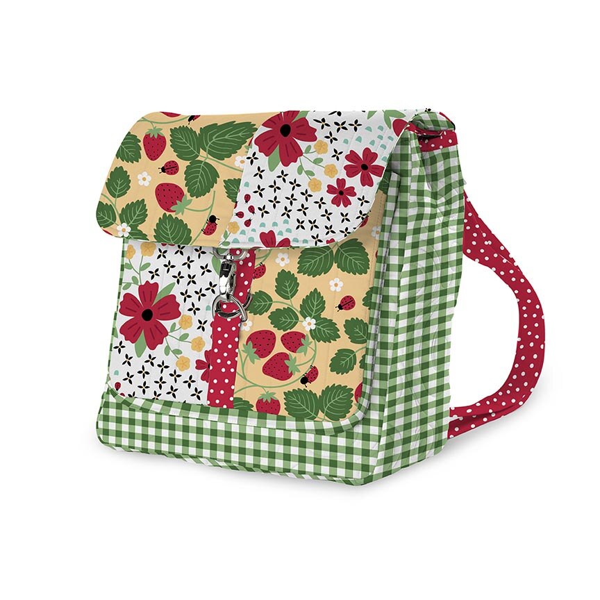 A fabric lunch bag with a green and white gingham pattern on the sides and base, a floral and strawberry print on the front flap, and a red polka-dot handle on a white background.
