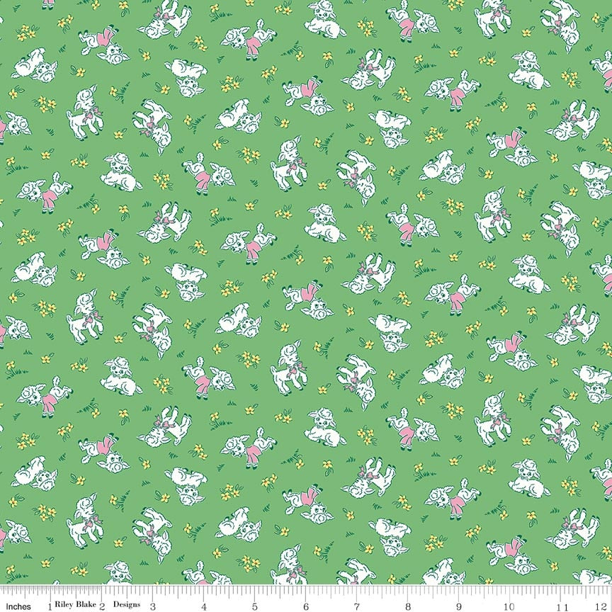 Fabric Riley Blake Green Lambs Traditional 30's by the Quarter Yard C18241-GREEN