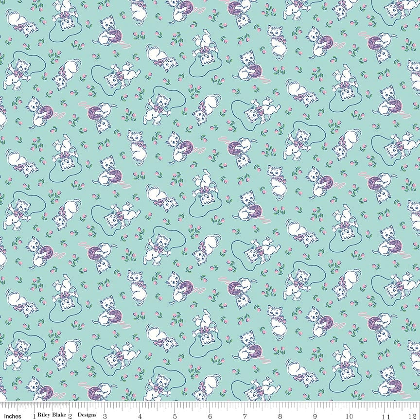 Fabric Riley Blake Blue Kittens Traditional 30's by the Quarter Yard C18243-BLUE