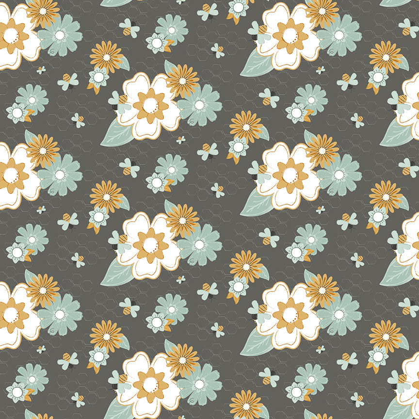 Fabric Riley Blake Dark Gray Main Bees and Blossoms by the Quarter Yard C18430-DKGRAY