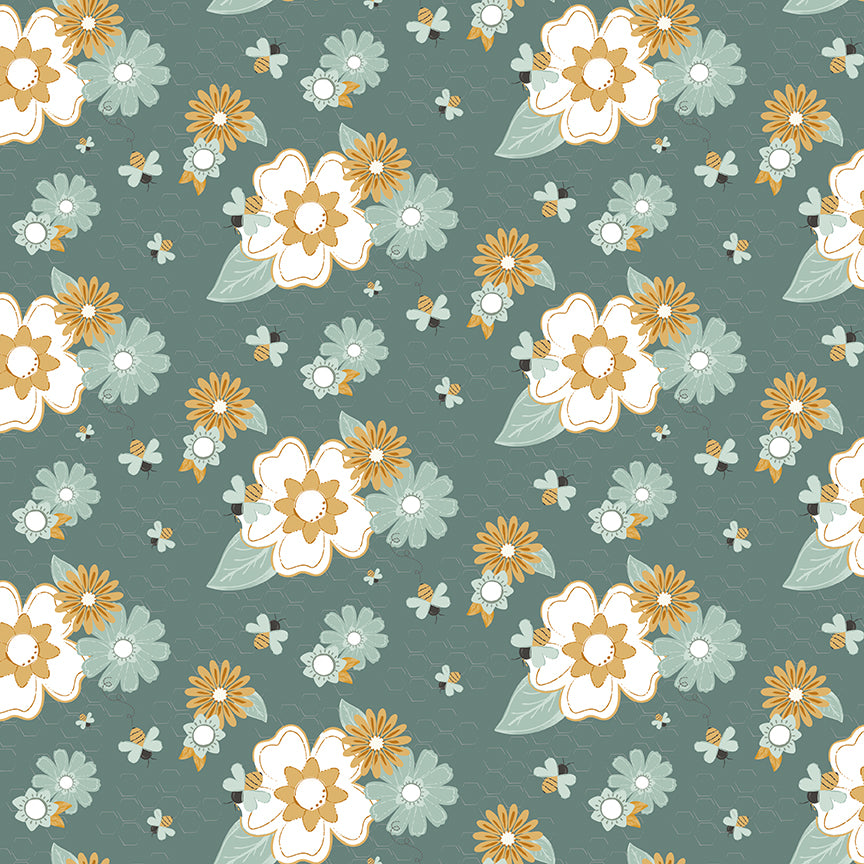 Fabric Riley Blake Teal Main Bees and Blossoms by the Quarter Yard C18430-TEAL